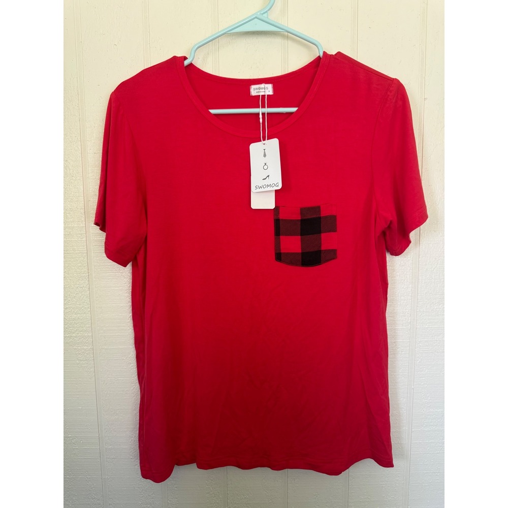 SWOMOG Womens Red Short Sleeve Pajama Top Buffalo Plaid Pocket Tee Small NWT
